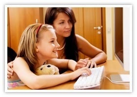 Parent helping child do research for homeork, because mom does not know how to teach the child to do it herself